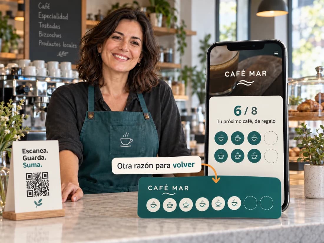 Una comerciante en su cafetería, un QR en el mostrador y una tarjeta digital con seis de ocho sellos para conseguir un café de regalo