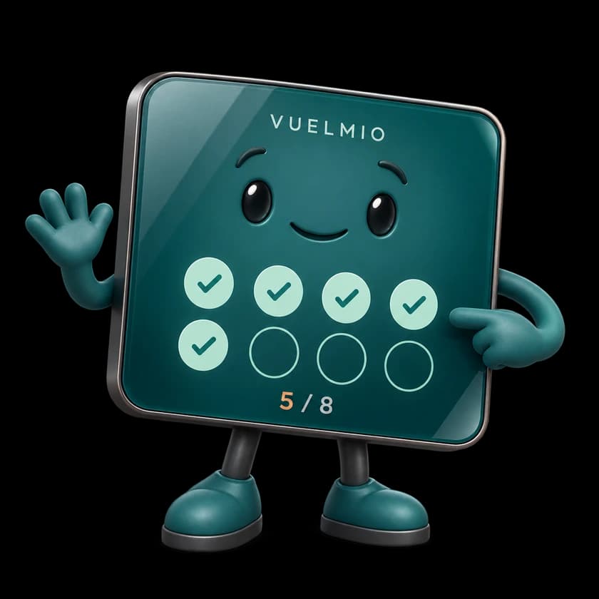 La mascota de Vuelmio: una tarjeta digital verde con cara sonriente y cinco de ocho sellos en su pantalla