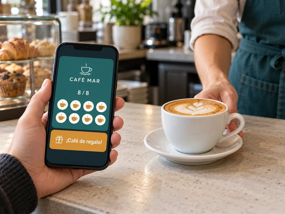 Un cliente con su tarjeta completa recibe un café de regalo